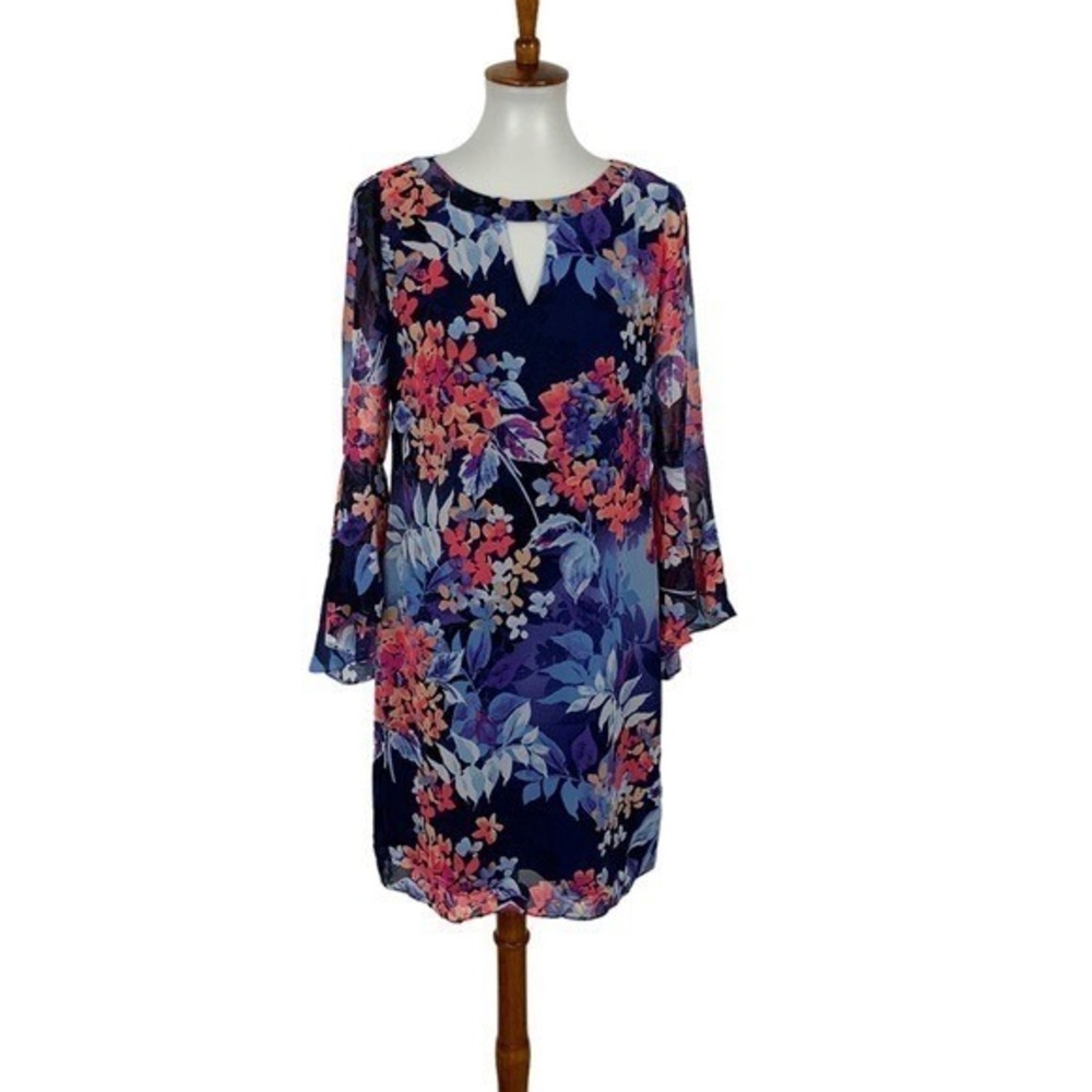 Roz And Ali Floral Bell Sleeve Chiffon Mini Dress Blue Pink Boho Cottagecore 4